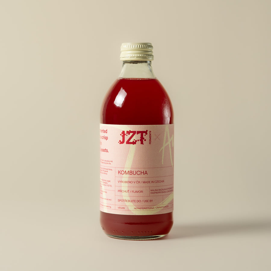 Kombucha JZT x Aura – malina, bazalka a citronová tráva